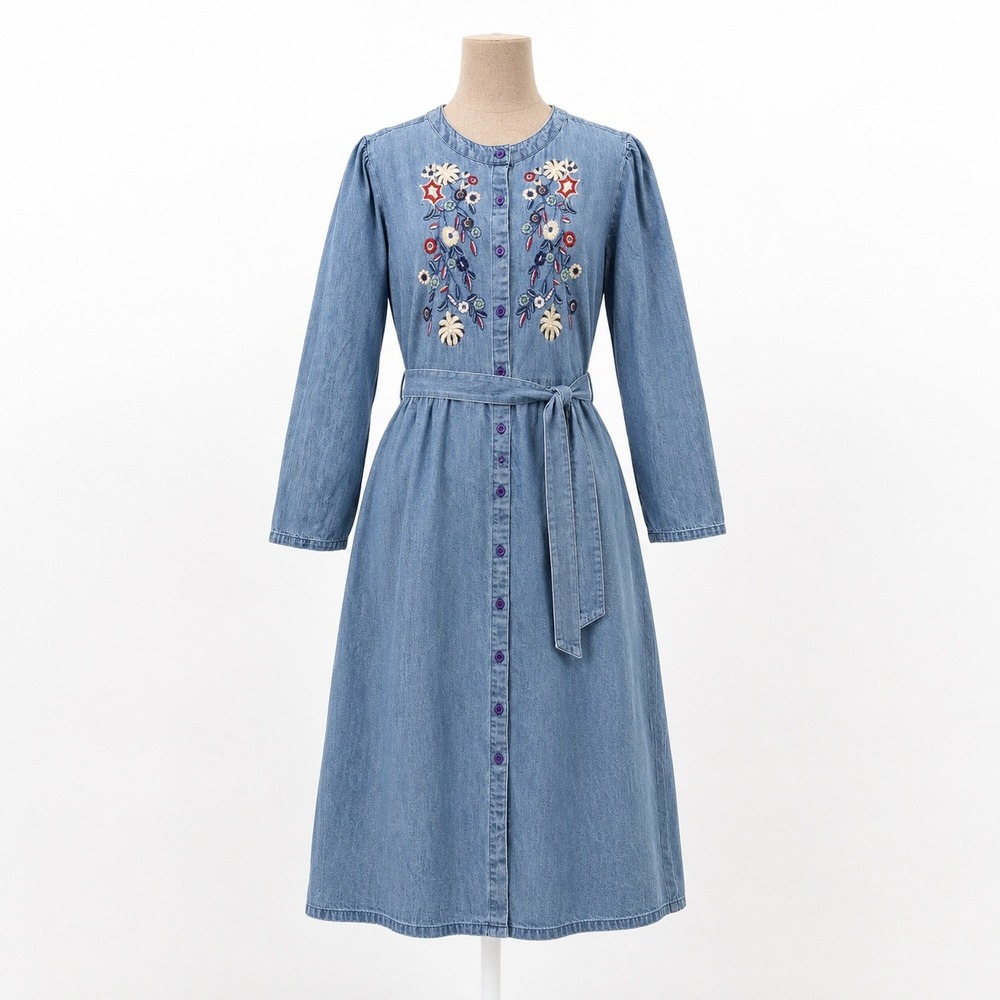 Vintage Y2K Floral Embroidered Denim Button Dress Size XL Cottage Pockets Modest